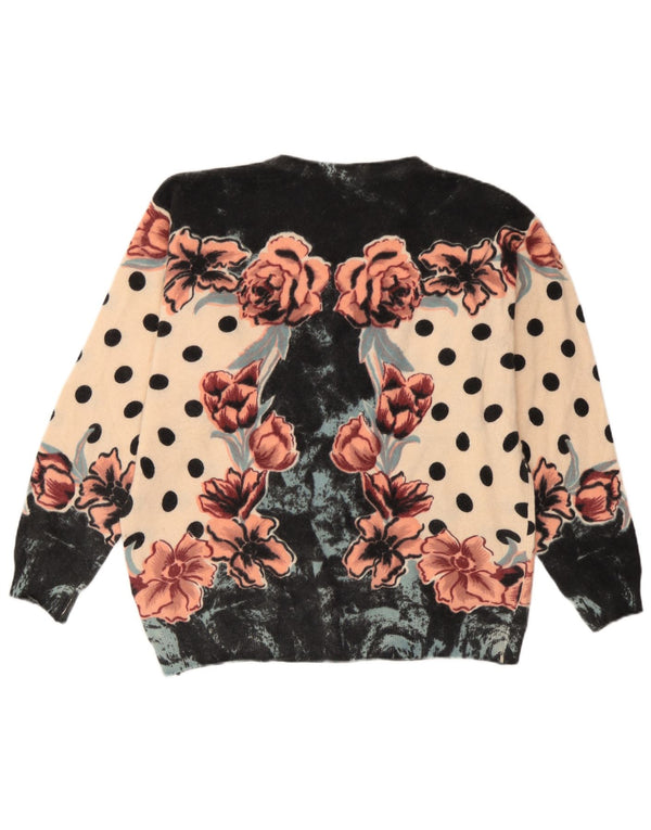 Vintage Damen Pullover mit Rundhalsausschnitt IT 46 Große beige geblümte Wolle