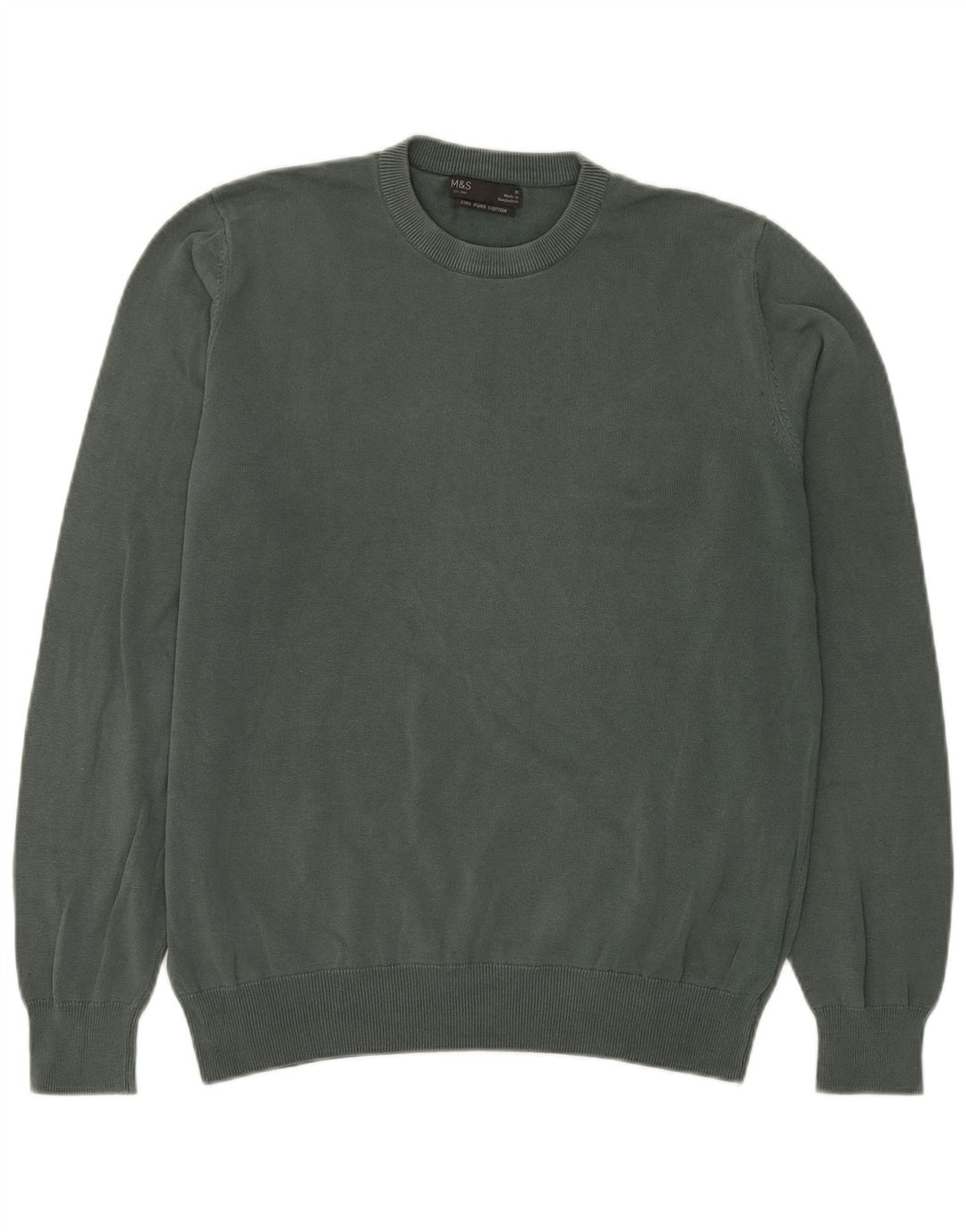 Marks & Spencer Herren-Pullover mit Rundhalsausschnitt, mittelgrüne Baumwolle