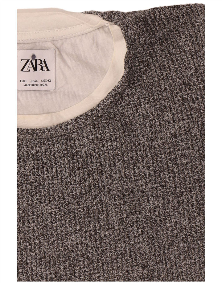 Zara Herren-Pullover mit Rundhalsausschnitt, groß, graue Baumwolle