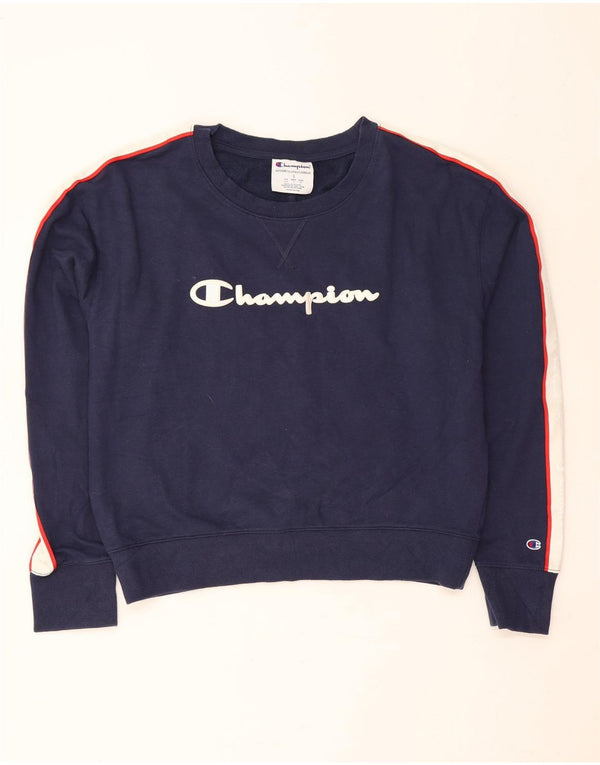 Champion Damen Crop Sweatshirt Pullover UK 14 Large Marineblau Farbblock