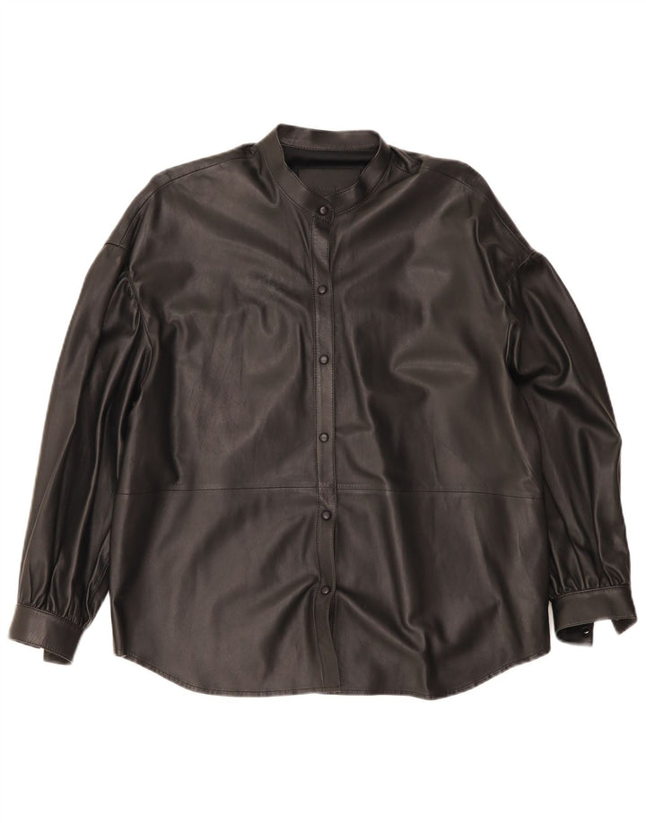 Massimo Dutti Damen Übergroßes Lederhemd UK 6 XS Schwarzes Leder