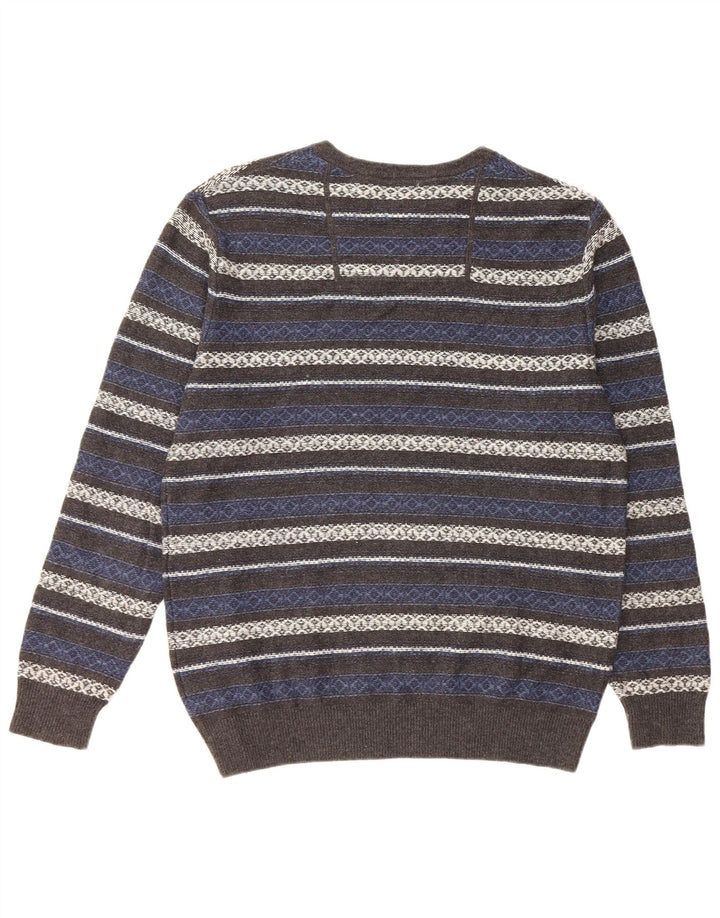 Vintage Herren-Pullover mit Rundhalsausschnitt, mittelgrau, gestreift, Baumwolle