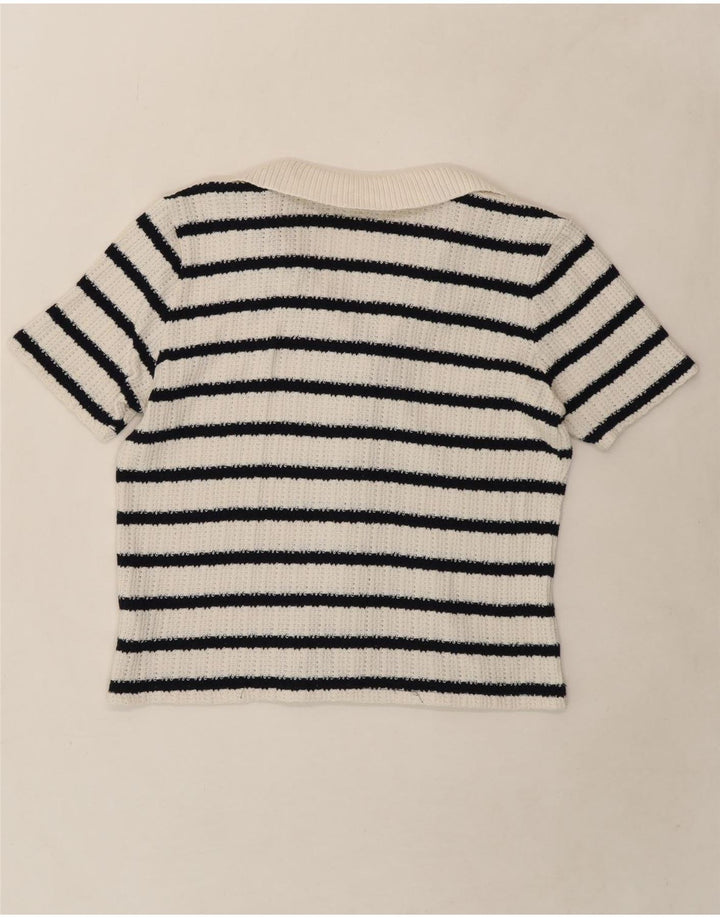 WHITE STUFF Womens Crop Cardigan Sweater UK 14 Large  White Striped Vintage White Stuff and Second-Hand White Stuff from Messina Hembry 