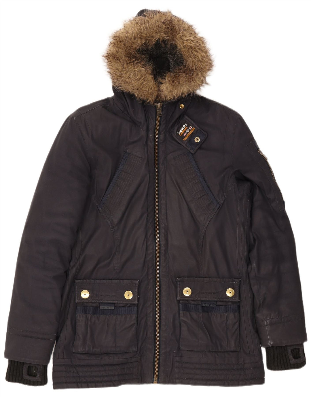 SUPERDRY Damen-Parka mit Kapuze, UK 16, Größe L, Marineblau, Baumwolle