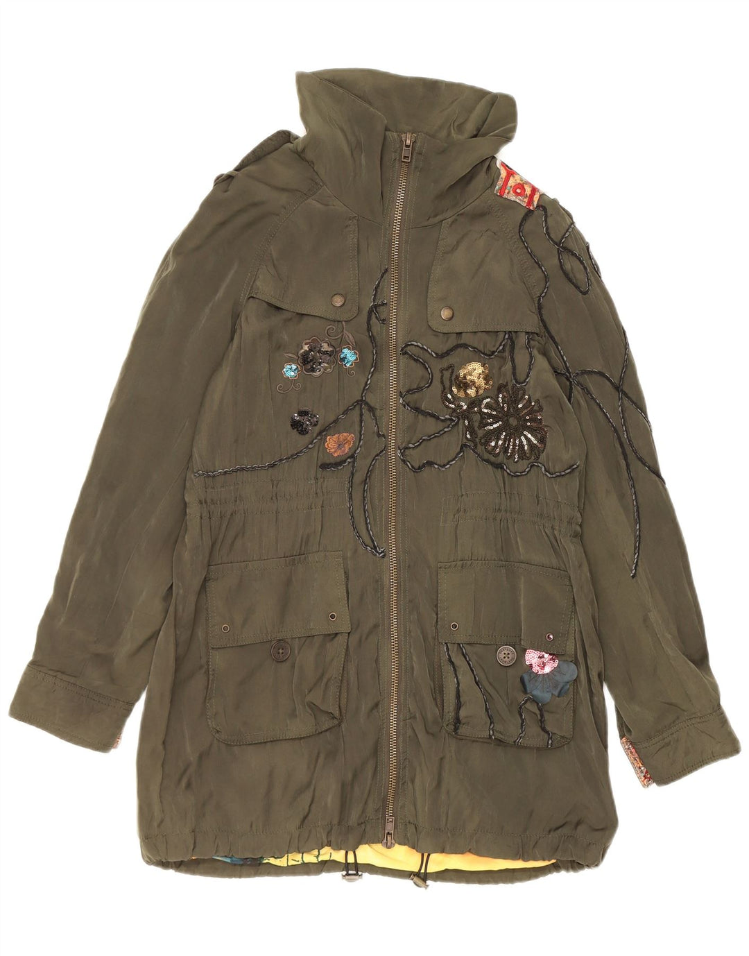Desigual Womens Military Graphic Parka Jacke EU 38 Mittelgrün geblümt