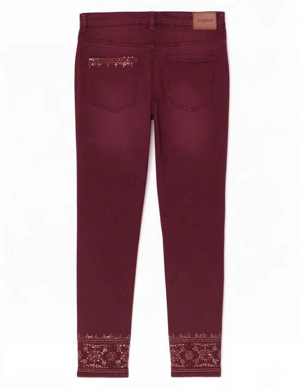 Desigual Damen Skinny Jeans EU 42 Large W32 L27 Burgundy Floral Cotton