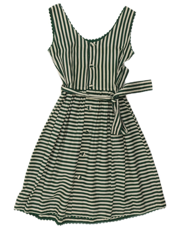 Vintage Damen Ärmelloses A-Linien-Kleid UK 10 Kleine grün gestreifte Baumwolle