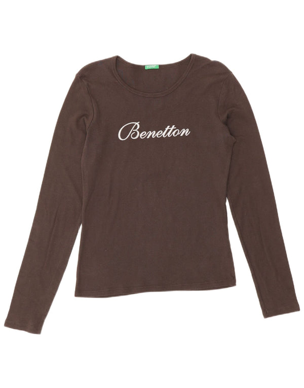 Benetton Womens Graphic Top Langarm UK 12 Large Braun Baumwolle