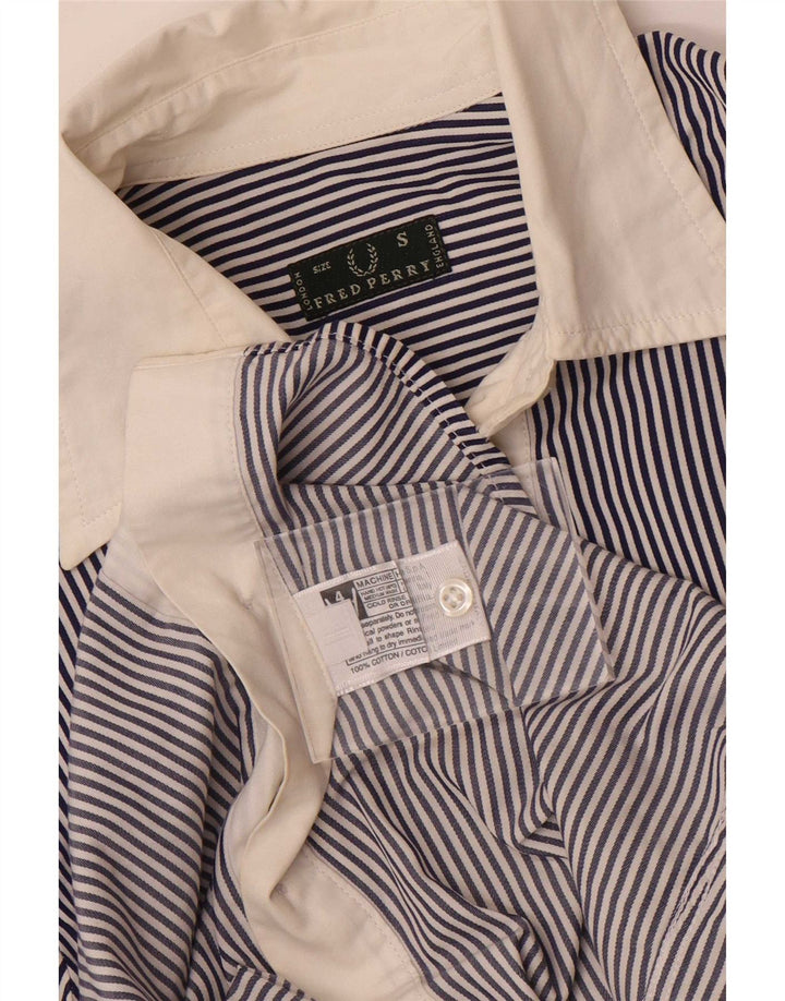 Fred Perry Damenhemd UK 10 Small Marineblaue Nadelstreifen-Baumwolle