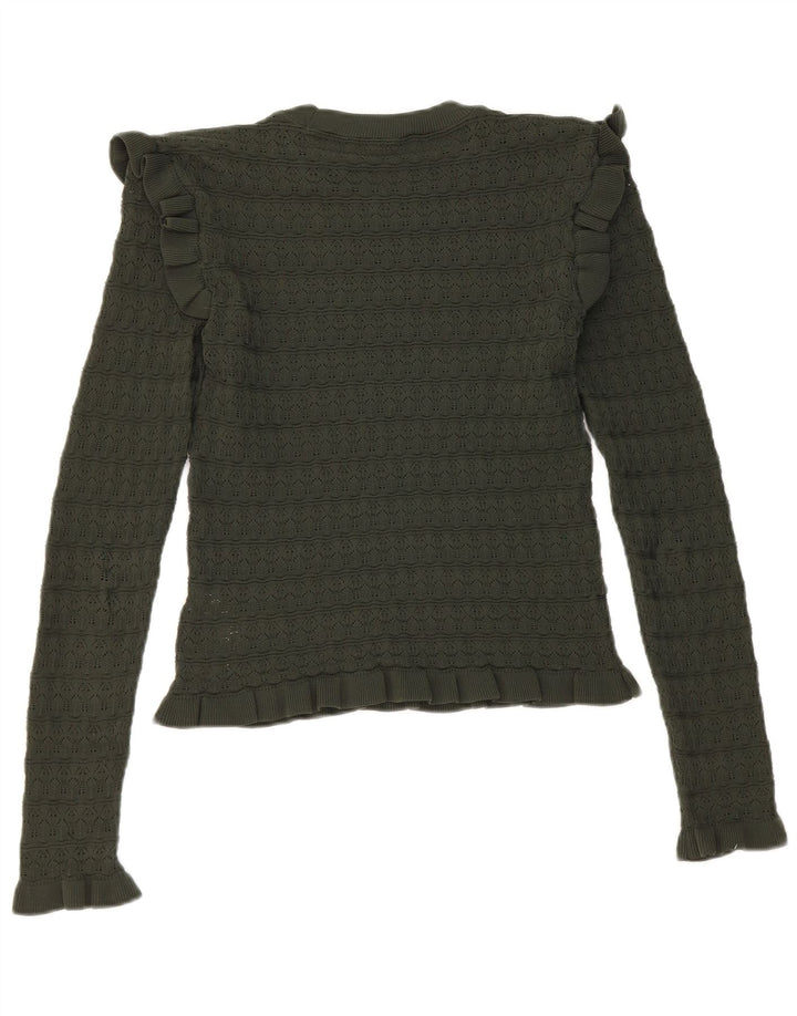 Zara Damen Crop Ruffle Front Top Langarm UK 8 Small Khaki Polyester