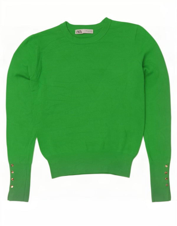Zara Damen Crop Crew Neck Pullover Pullover UK 12 Mittelgrüne Viskose