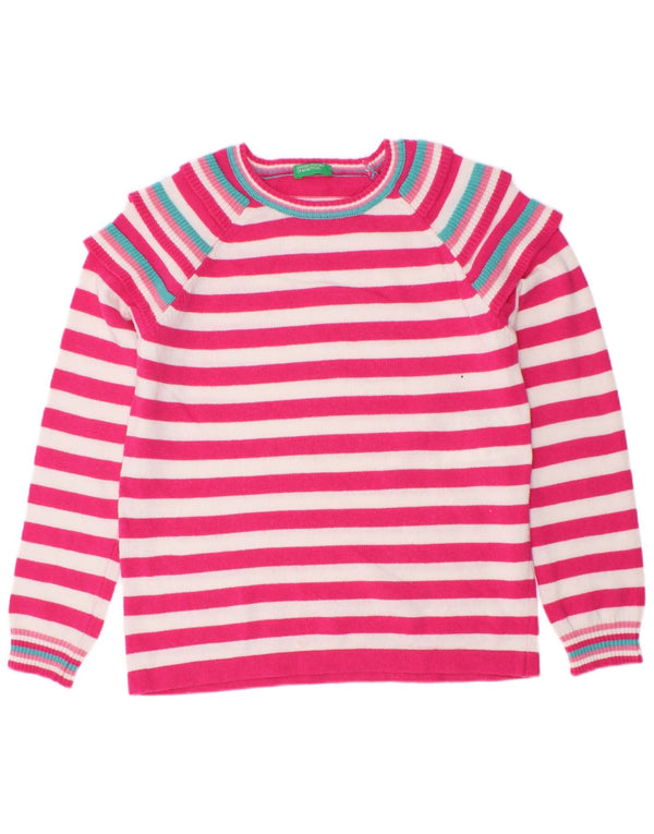Benetton Mädchen-Pullover mit U-Boot-Ausschnitt, 7–8 Jahre, mittelrosa gestreift