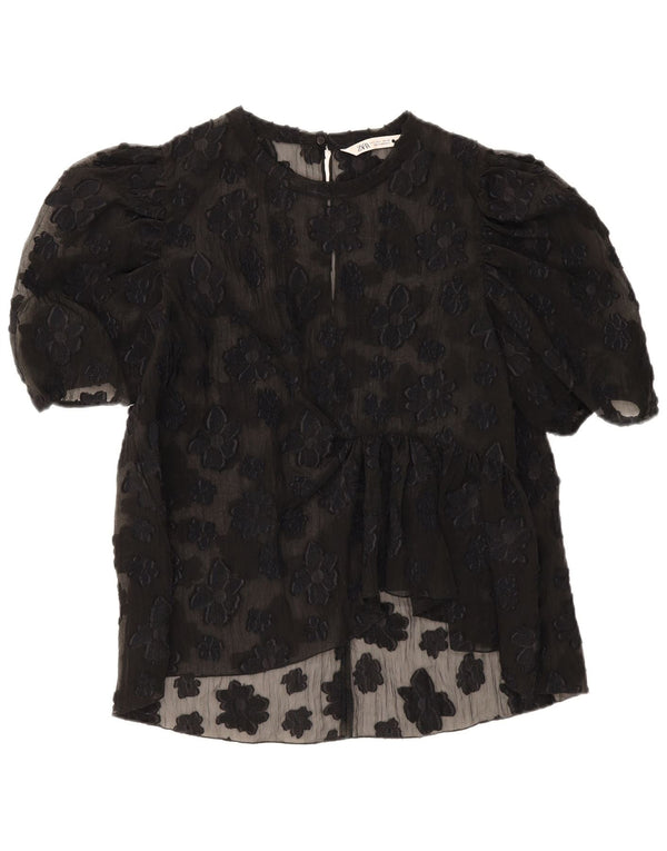 Zara Damen-Top, durchsichtig, UK 44, groß, schwarz, geblümt
