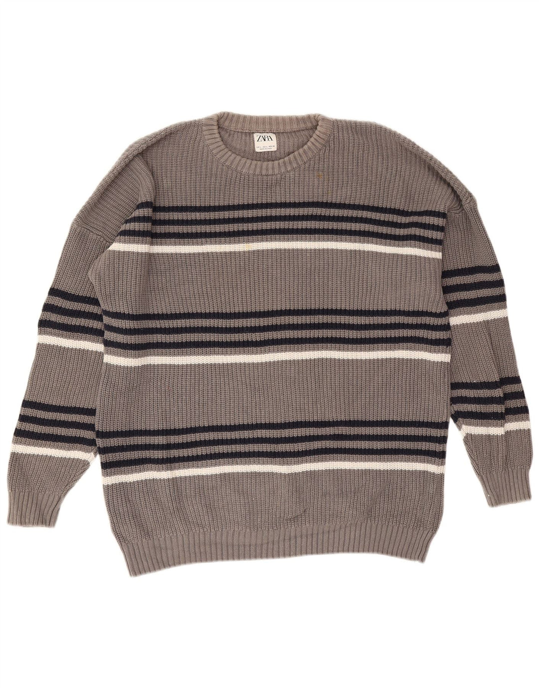 Zara Herren-Pullover mit Rundhalsausschnitt, groß, grau gestreift