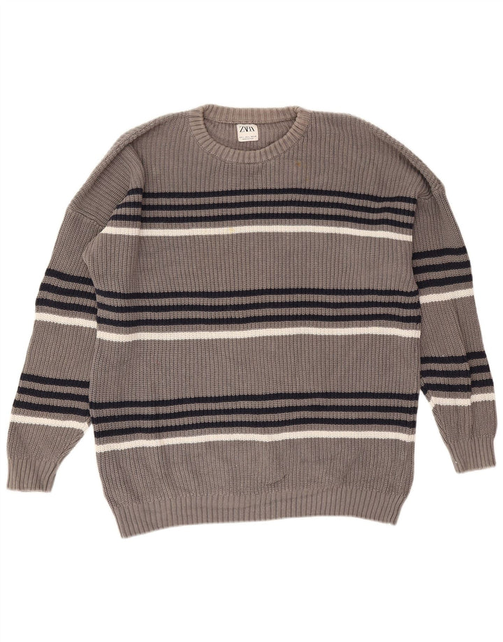 Zara Herren-Pullover mit Rundhalsausschnitt, groß, grau gestreift