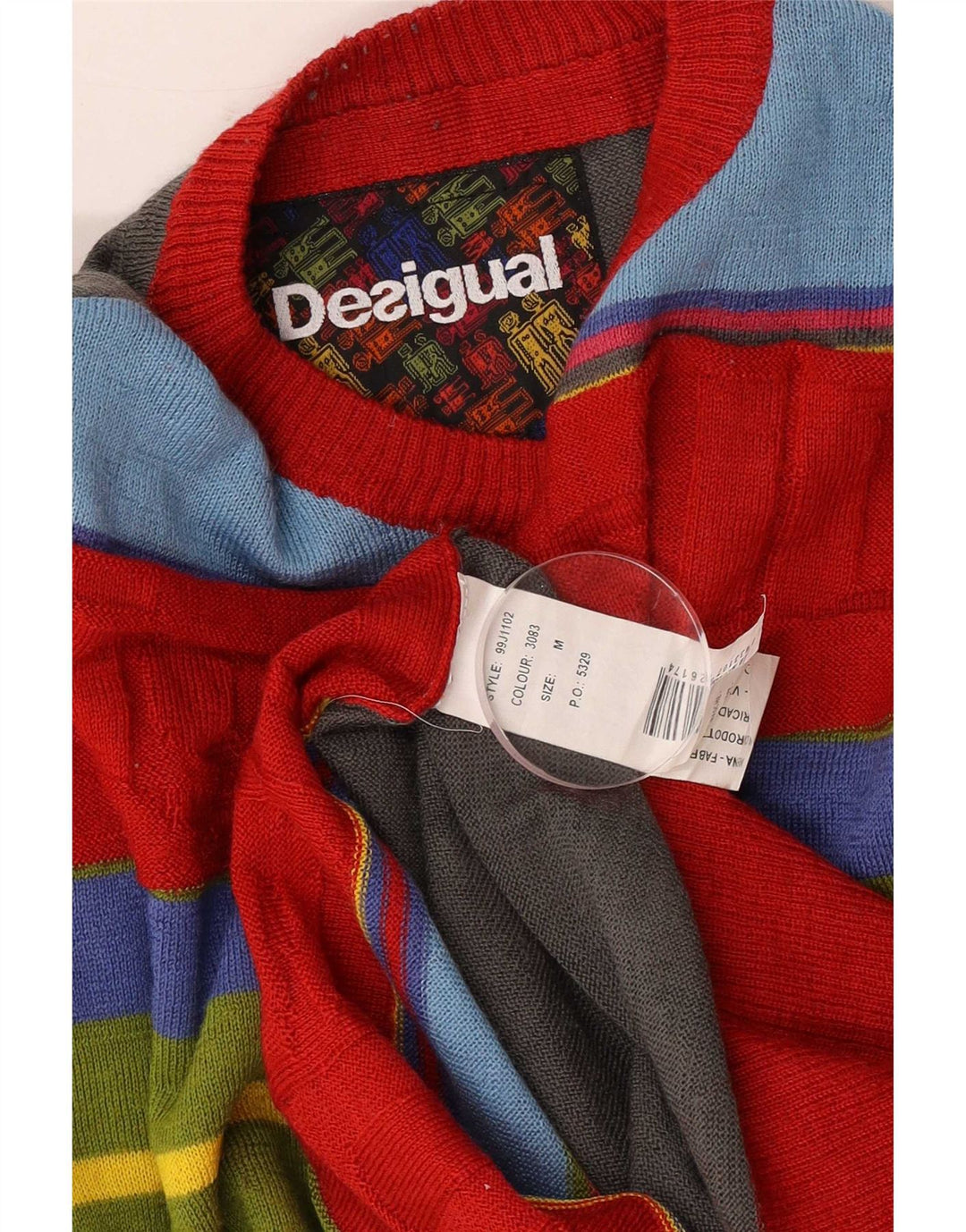 Desigual Herren-Pullover mit grafischem Rundhalsausschnitt, mittelgroß, mehrfarbig gestreift