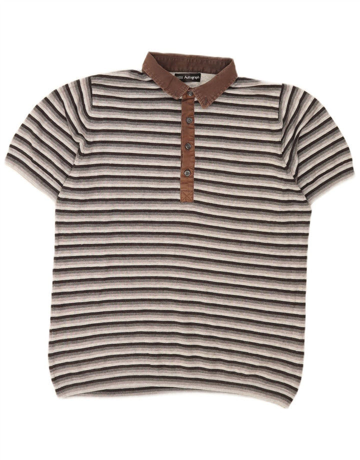 Marks & Spencer Herren-Autograph-Poloshirt aus mittelgrau gestreiftem Polyester