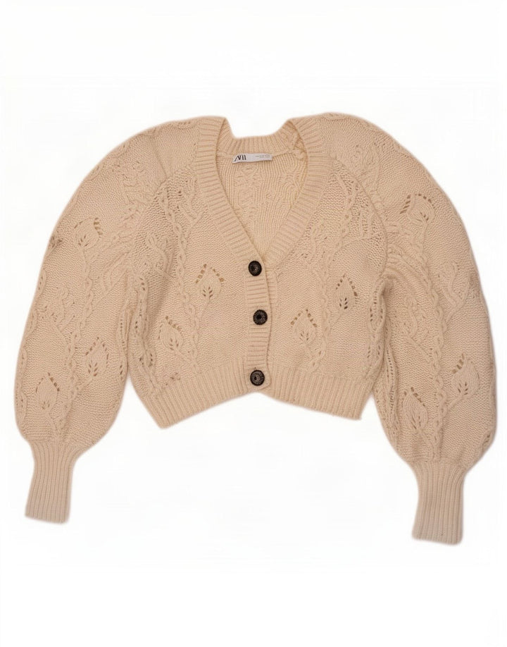 Zara Damen Crop Cardigan Pullover UK 10 Small Off White Polyester