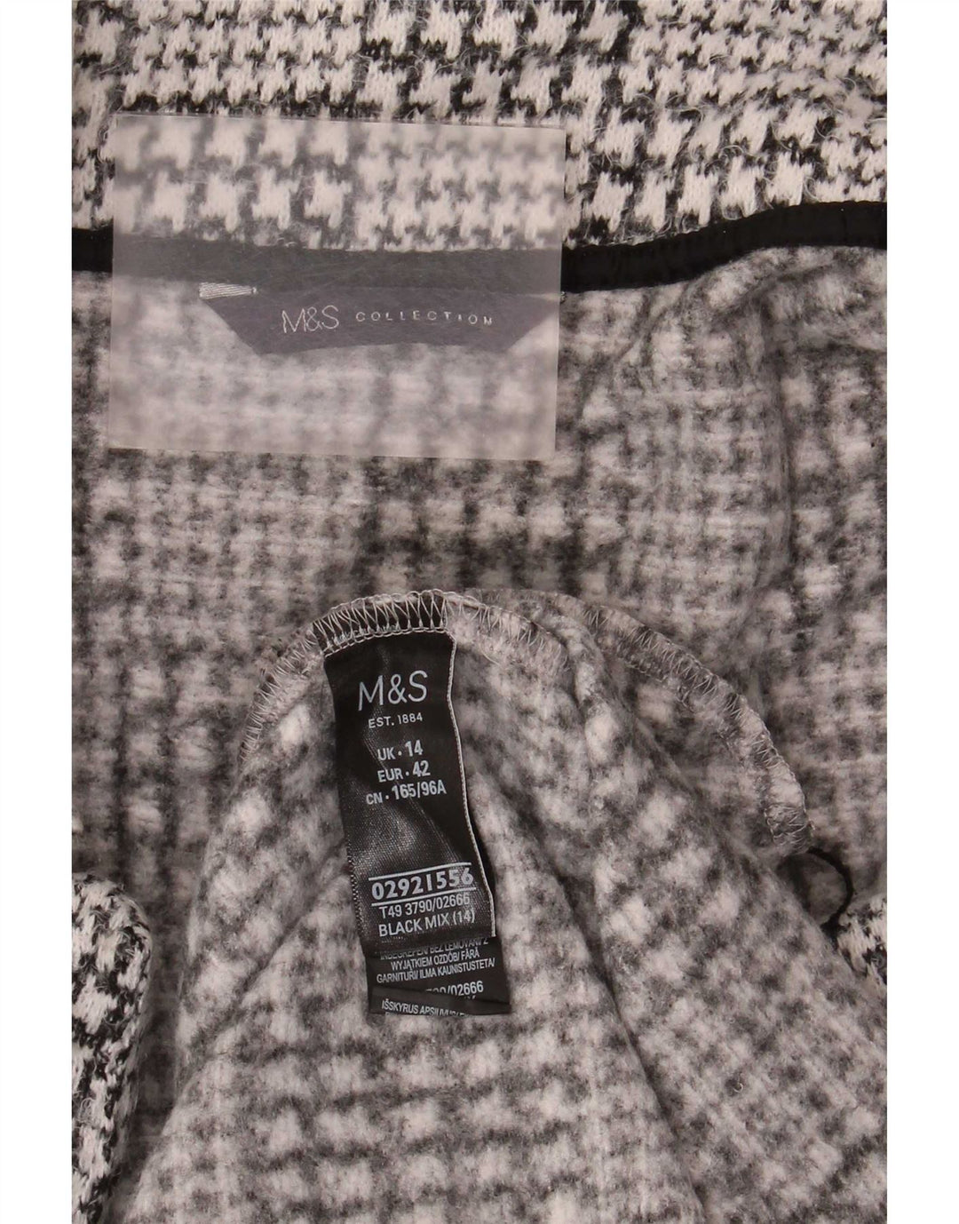 Marks & Spencer Womens Open Overcoat UK 14 Large Black Houndstooth