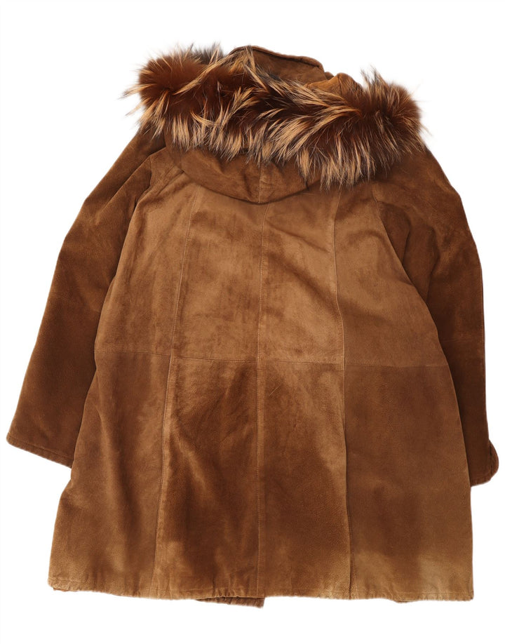 Vintage Damen Übergroßer Wildleder-Windbreaker-Mantel mit Kapuze IT 46 Large Brown