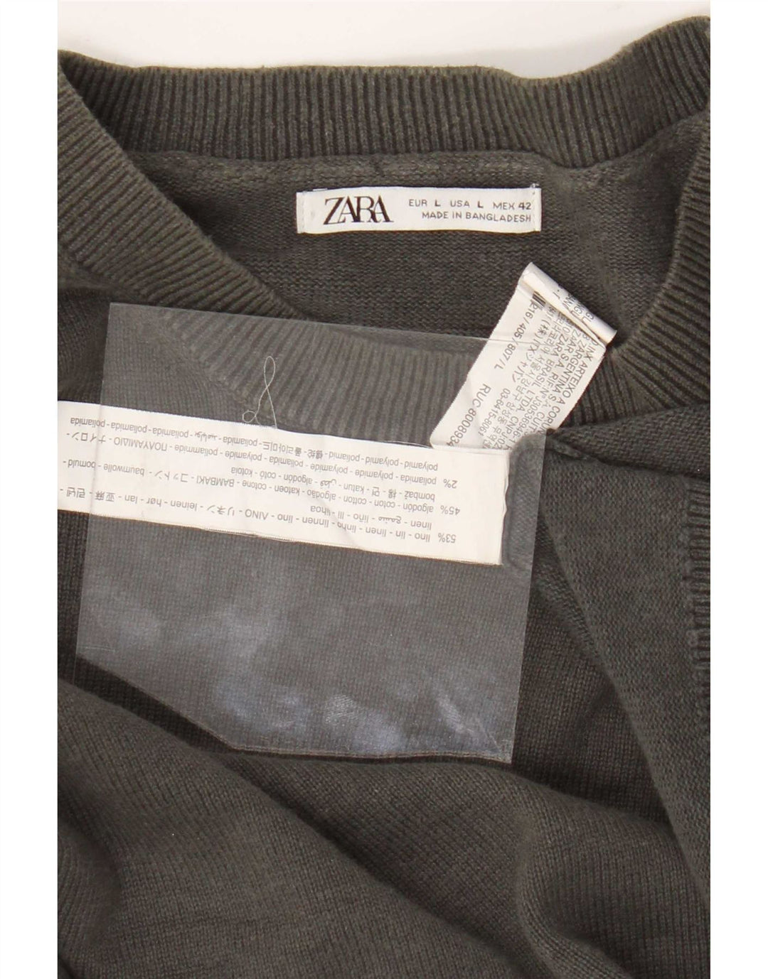 Zara Herren-Pullover mit Rundhalsausschnitt, groß, graues Leinen