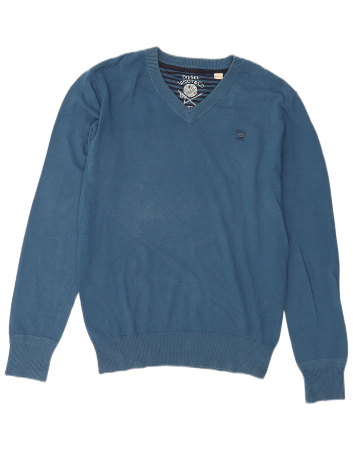 Diesel Herren-Pullover mit V-Ausschnitt, groß, aus blauer Baumwolle