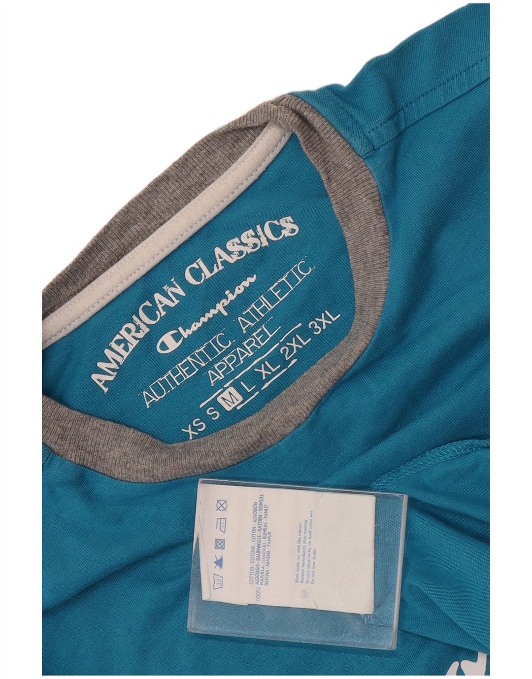 Champion Herren Grafik-T-Shirt-Oberteil aus mittelblauer Colourblock-Baumwolle