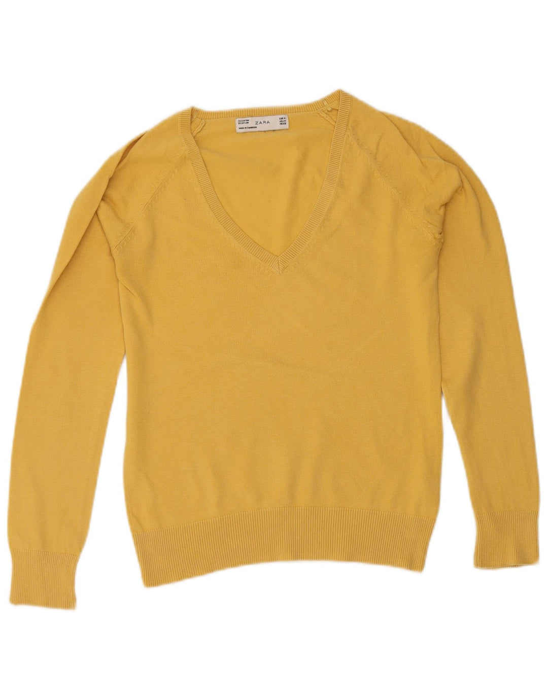 Zara Damen-Pullover mit V-Ausschnitt, UK 12, mittelgelbe Baumwolle