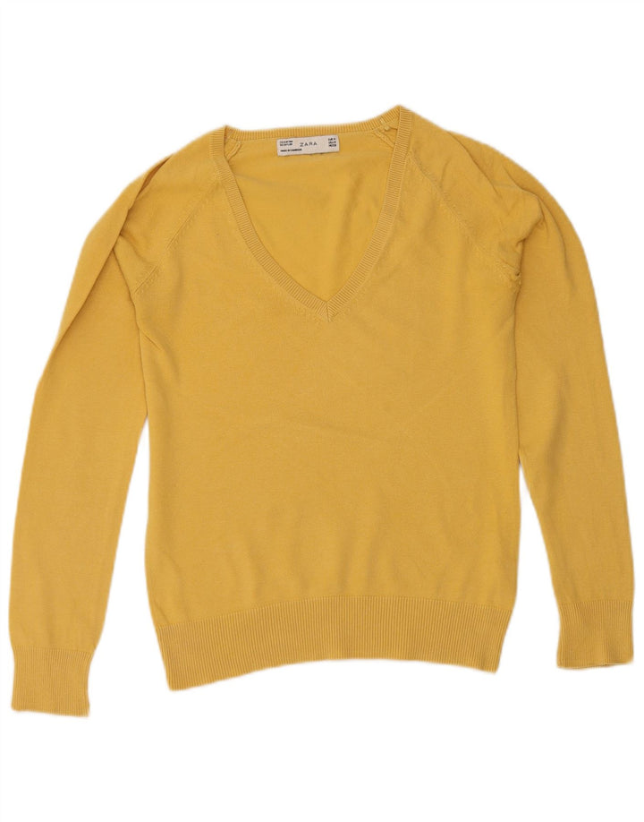 Zara Damen-Pullover mit V-Ausschnitt, UK 12, mittelgelbe Baumwolle