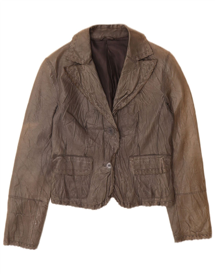Stefanel Damen-Blazerjacke aus Leder mit 2 Knöpfen, IT 40, kleines graues Leder