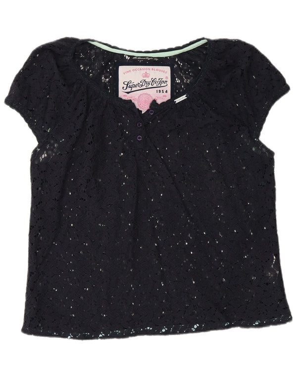 Superdry Damen-Blusenoberteil aus durchsichtiger Spitze, UK 16, Größe L, Marineblau, Baumwolle