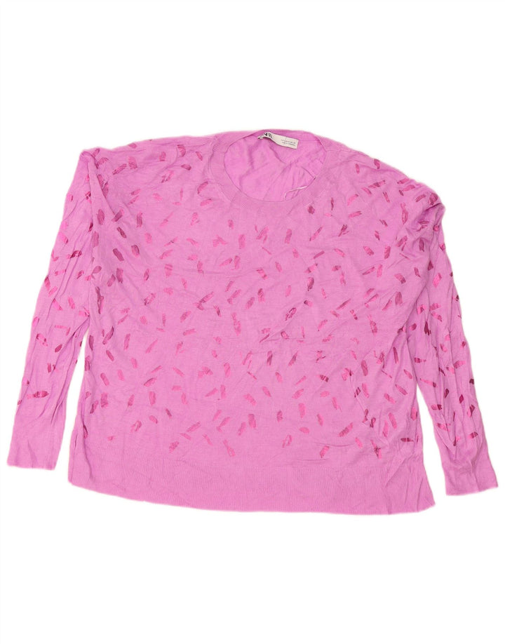 Zara Damen-Pullover mit abstraktem Muster und Rundhalsausschnitt, Größe 44, Rosa