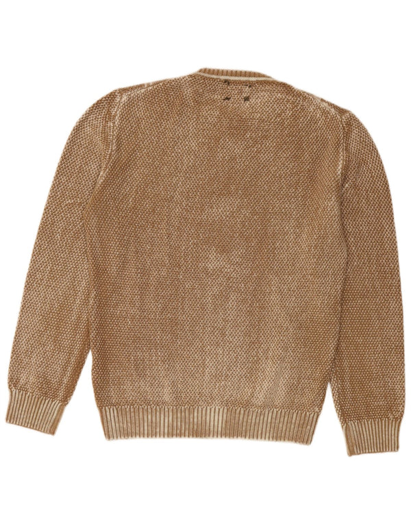 Vintage Mens Crew Neck Jumper Sweater Large Brown Geometric Virgin Wool