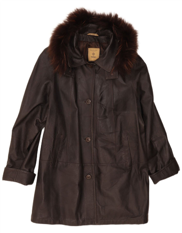 Privilegi Damen-Ledermantel mit Kapuze, übergroß, IT 50 XL, braunes Leder