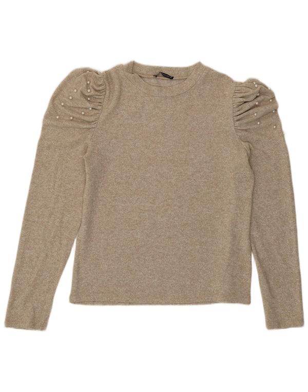 Zara Damen Top Langarm UK 16 Large Beige meliert Viskose