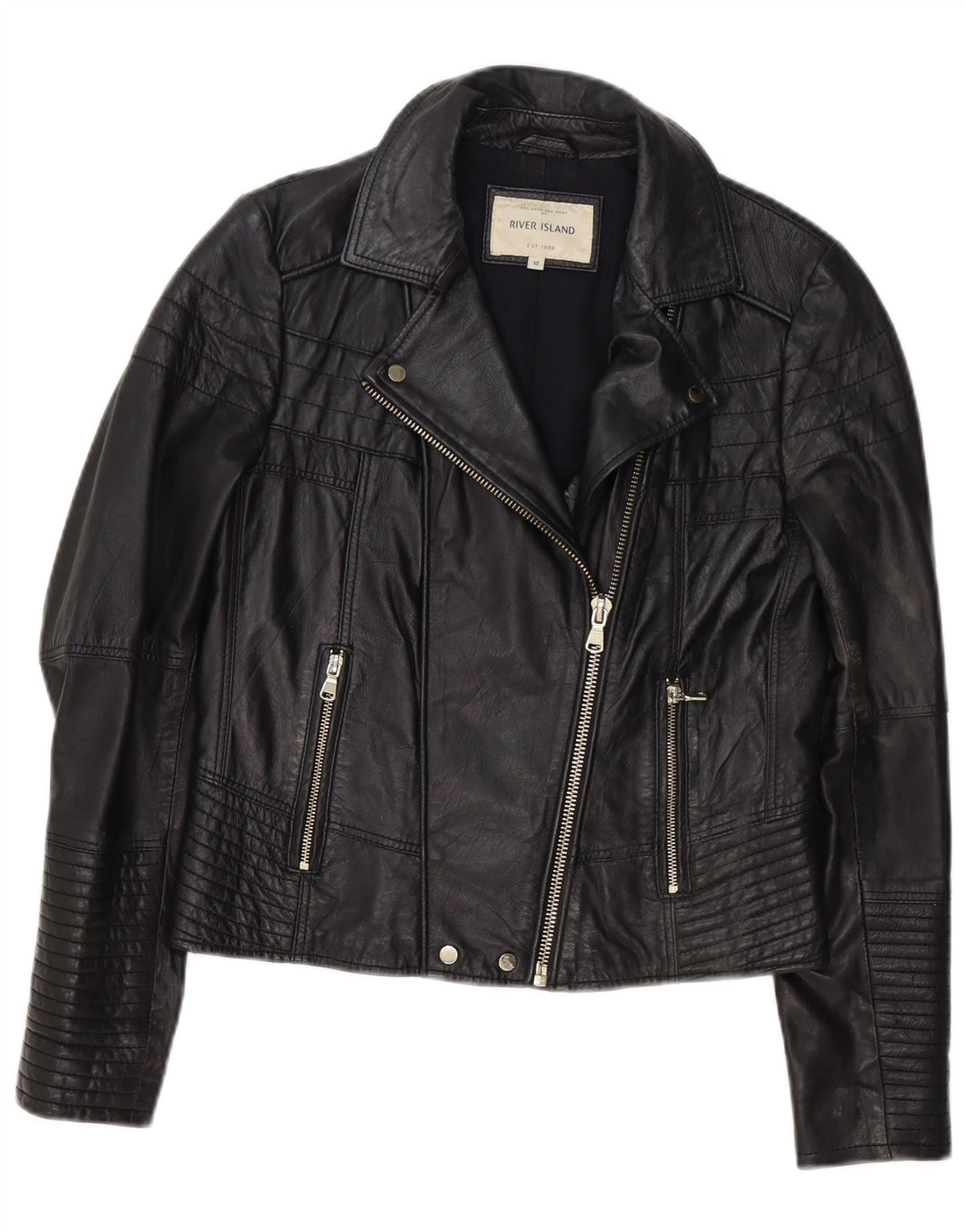 River Island Damen Leder-Bikerjacke UK 12 Medium Schwarz