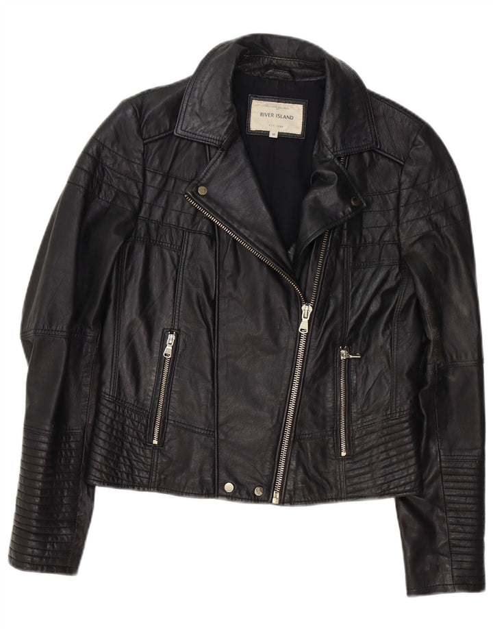 River Island Damen Leder-Bikerjacke UK 12 Medium Schwarz