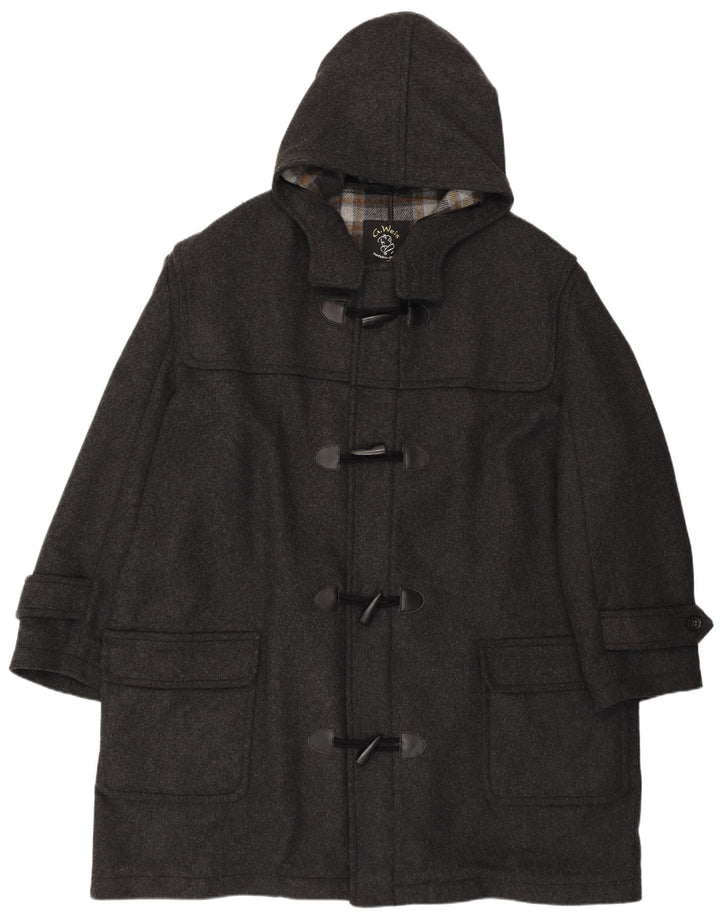 Vintage Herren Loose Fit Dufflecoat mit Kapuze UK 50 4XL Graue Wolle