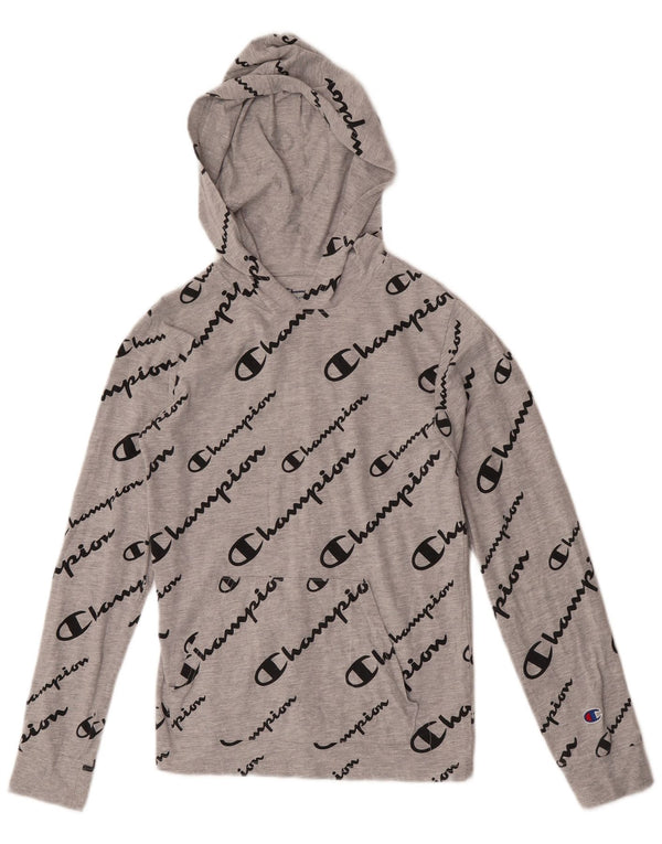 Champion Womens Crop Hooded Graphic Top Langarm UK 14 Large Grau Baumwolle