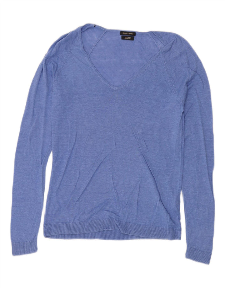 Massimo Dutti Damen-Pullover mit V-Ausschnitt, UK 12, mittelblaues Leinen
