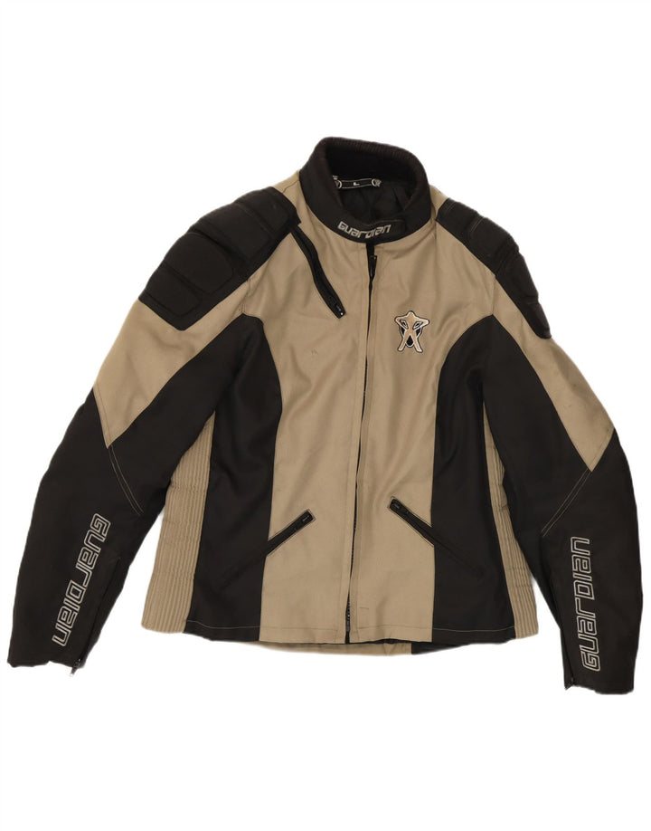Vintage Damen Graphic Racer Jacke UK 16 Large Beige Colourblock