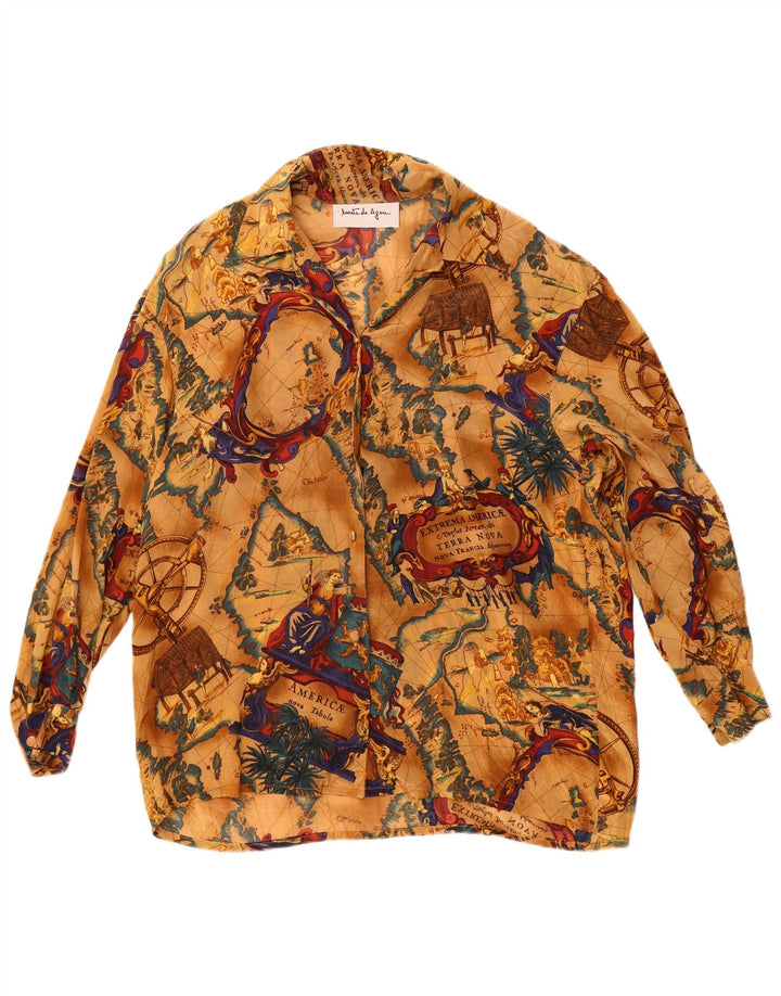 Vintage Damen grafische übergroße Hemdbluse UK 16 Large Beige Acetate