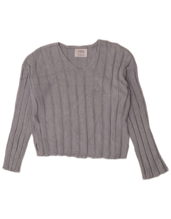 Zara Mädchen Crop Pullover mit V-Ausschnitt, 13–14 Jahre, blaue Baumwolle