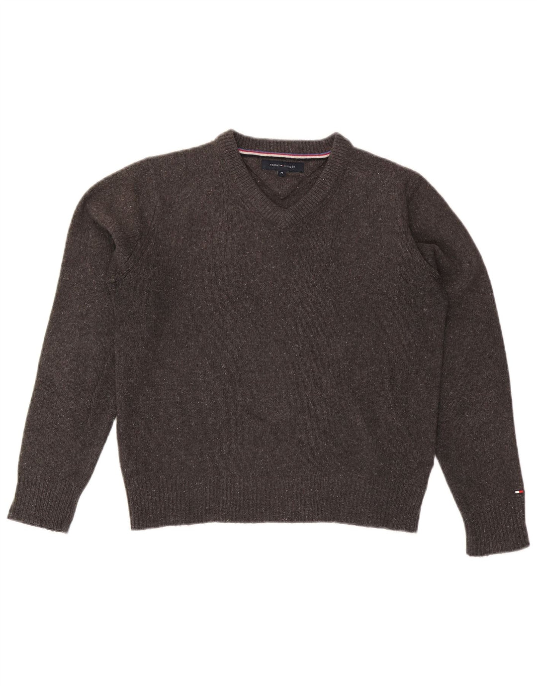 Tommy Hilfiger Herren-Pullover mit V-Ausschnitt, mittelgrau gefleckte Wolle