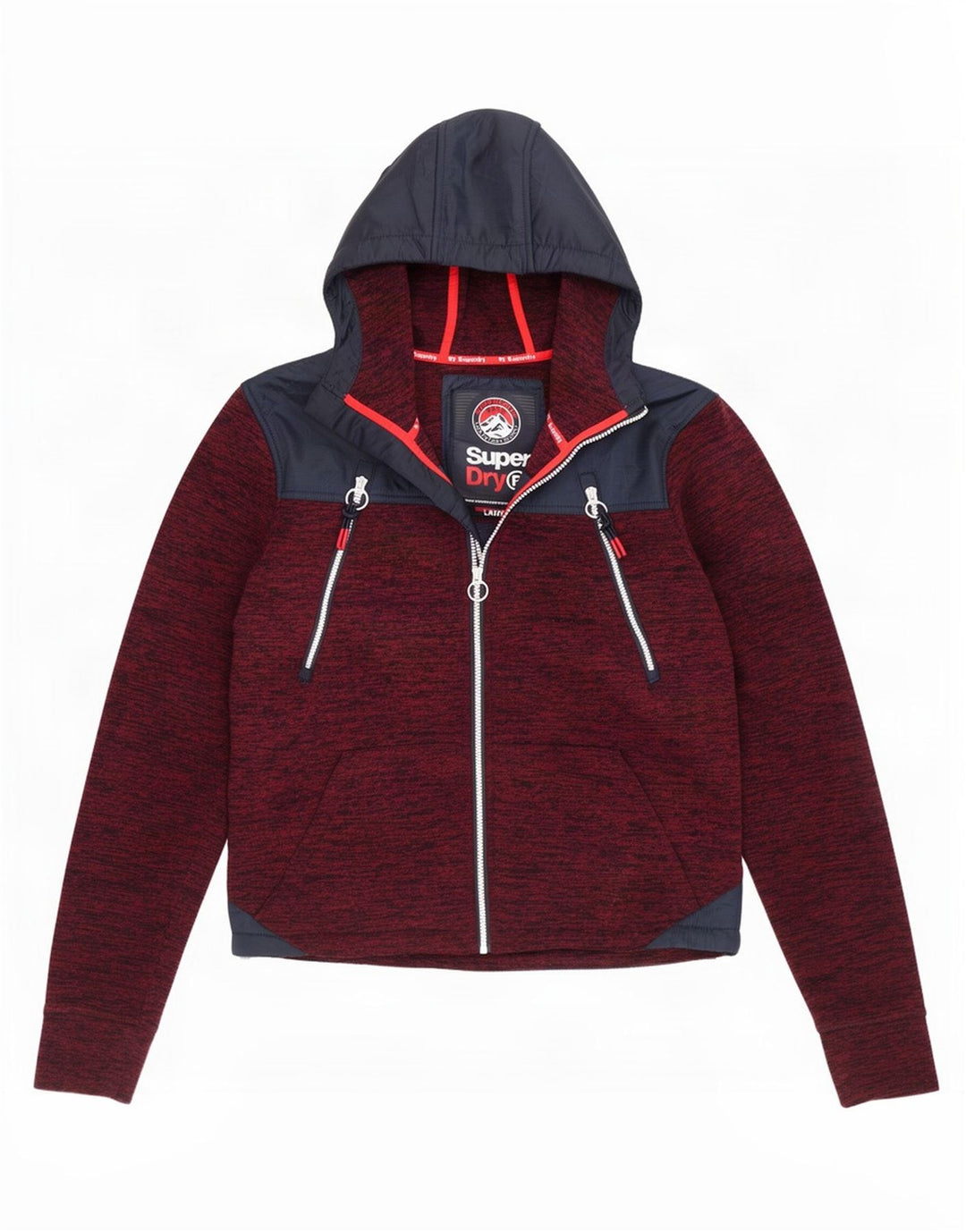 Superdry Herren-Kapuzenpullover mit Reißverschluss, groß, Burgunderrot, Farbblock-Polyester