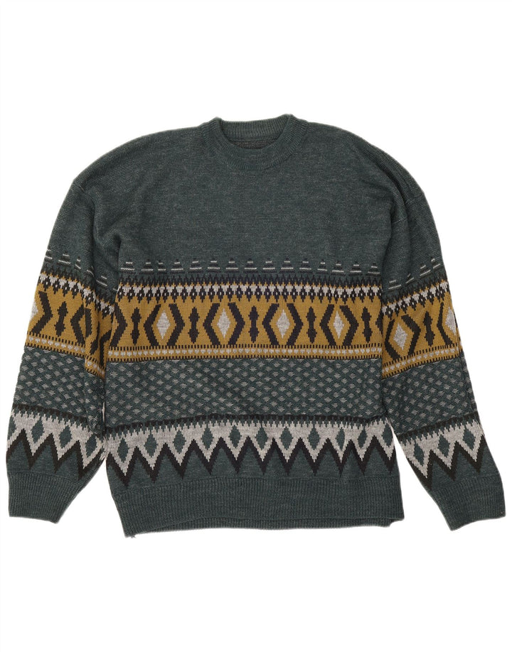 Vintage Herren Pullover mit Rundhalsausschnitt, groß, grün, geometrisch