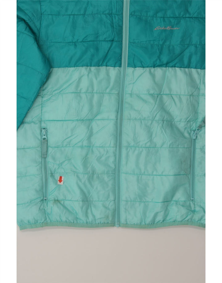 EDDIE BAUER Boys Hooded Padded Jacket 13-14 Years Large  Blue Colourblock Vintage Eddie Bauer and Second-Hand Eddie Bauer from Messina Hembry 