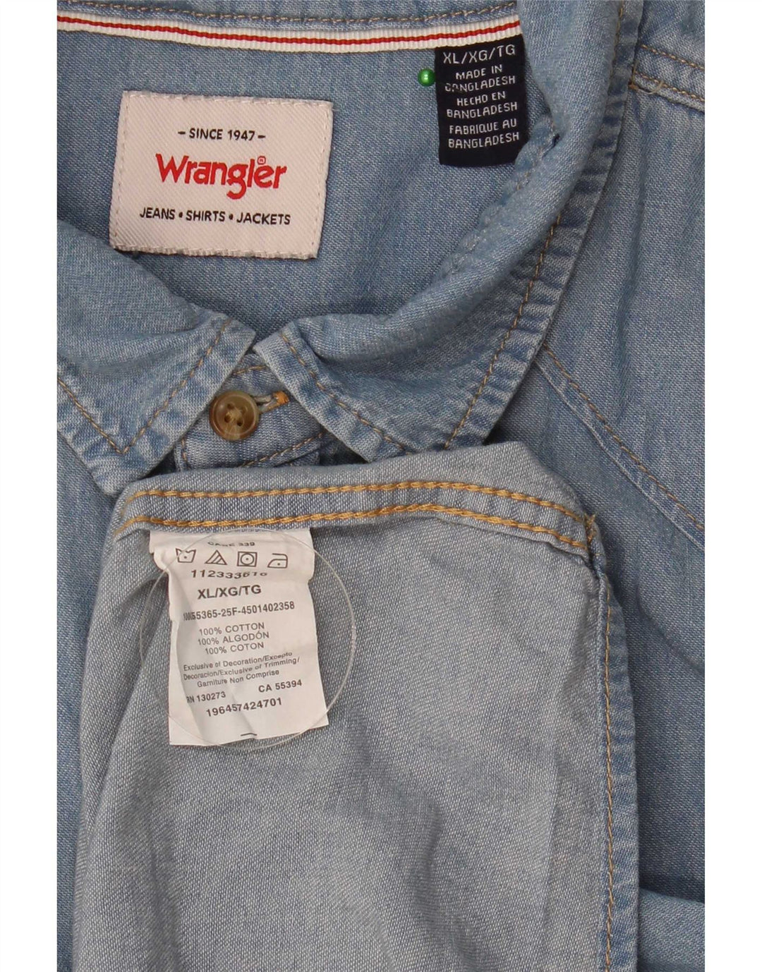 Wrangler Herren Jeanshemd XL, blaue Baumwolle