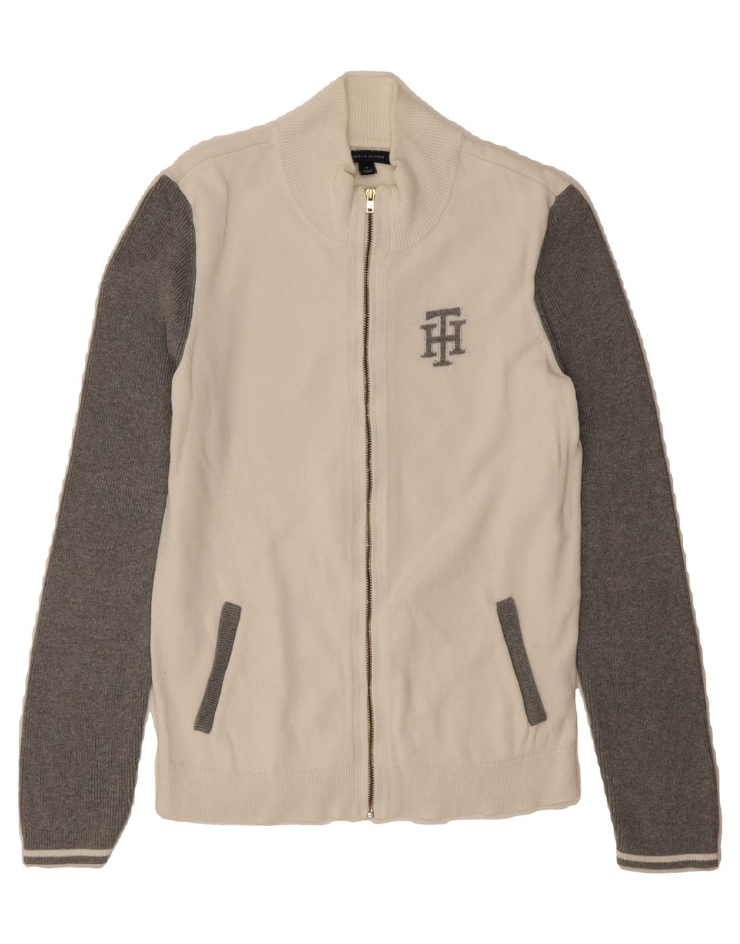 TOMMY HILFIGER Womens Cardigan Sweater UK 12 Medium White Colourblock Vintage Tommy Hilfiger and Second-Hand Tommy Hilfiger from Messina Hembry 
