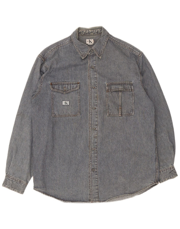 Calvin Klein Jeans Herrenhemd, groß, blaue Nadelstreifen-Baumwolle